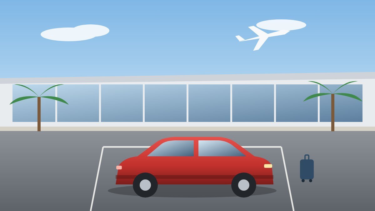 Ilustración: coche de alquiler esperando en una zona de aparcamiento al aire libre junto a la salida de un aeropuerto, con palmeras y un avión en el cielo