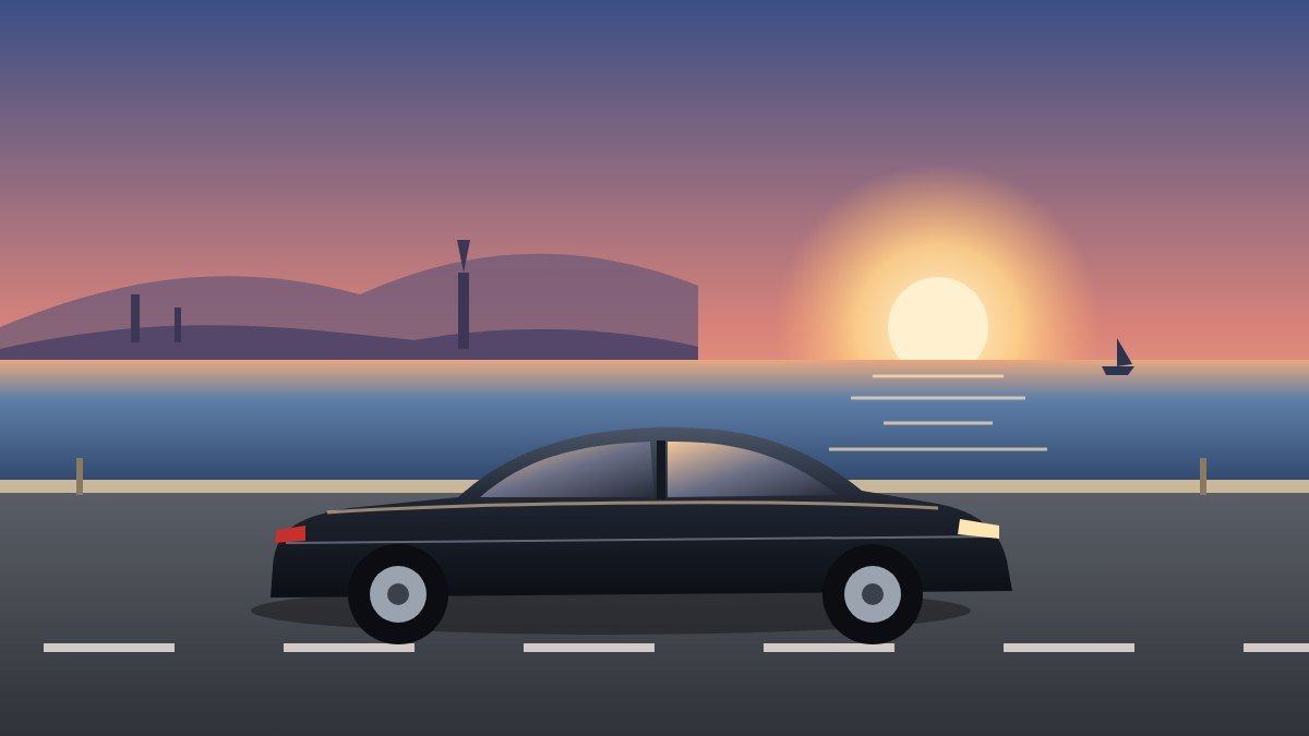 Ilustración: berlina oscura de alquiler en una carretera de costa al atardecer, con el mar y las colinas de Barcelona al fondo