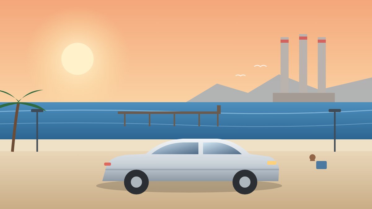 Ilustración: coche de alquiler aparcado junto al paseo marítimo de Badalona al atardecer, con el mar, un pantalán y tres chimeneas al fondo